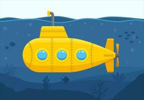 geel onderzeeër met periscoop drijvend onder zee water. onderwater- schip verkennen Bij de bodem van zee. marinier leven met vis, koraal en zeewier. bathyscaaf oceaan tafereel. vector illustratie.