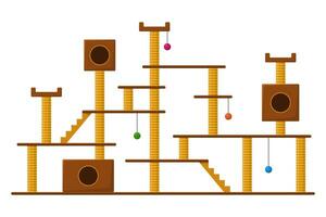 kat toren en krabben post geïsoleerd Aan wit achtergrond. groot huis complex voor katten met schuilplaatsen. kat speelplaats accessoires met klauw puntenslijpers voor huisdieren. vector illustratie.