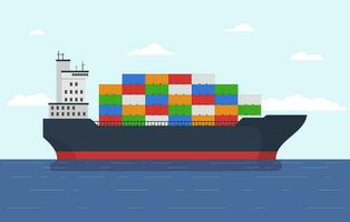 lading schip met containers in oceaan. vracht vervoer met geladen houder schip. importeren en exporteren maritiem logistiek onderhoud. Internationale levering concept. vector illustratie.