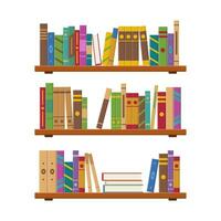 interieur boekenkasten met veelkleurig boeken stekels. stapel boeken Aan plank met boeken van bibliotheek of boekhandel. stack woordenboek voor onderwijs. kennis, aan het studeren en aan het leren. vector