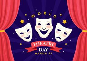 wereld theater dag vector illustratie Aan maart 27 met masker en rood gordijnen naar behouden het uitvoeren van kunsten en vermaak in vlak tekenfilm achtergrond