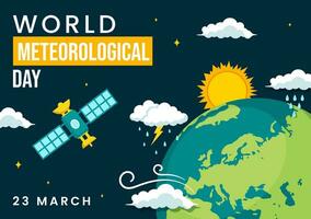 wereld meteorologisch dag vector illustratie Aan 23 maart met aarde kaart, meteorologie wetenschap en onderzoeken weer in vlak tekenfilm achtergrond