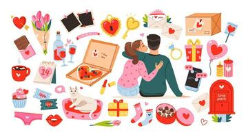 Valentijnsdag dag reeks van schattig elementen. paar in liefde, romantisch artikelen. februari 14, bruiloft en liefde concept. vector illustraties