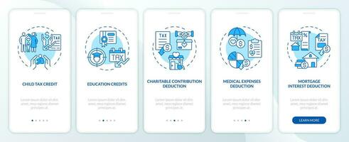 specifiek belasting voordelen blauw onboarding mobiel app scherm. belasting beleid walkthrough 5 stappen bewerkbare grafisch instructies met lineair concepten. ui, ux, gui sjabloon vector