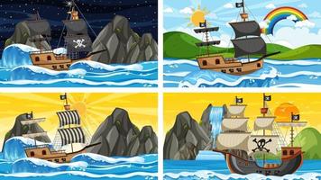 set oceaanscènes op verschillende tijdstippen met piratenschip in cartoon-stijl vector