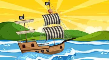 oceaan met piratenschip in de scène van de zonsondergangtijd in cartoonstijl vector