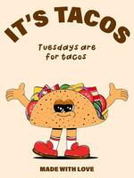 verticaal poster met schattig taco karakter in retro tekenfilm stijl. vector illustratie van een snel voedsel mascotte met armen, poten en een vrolijk gezicht.