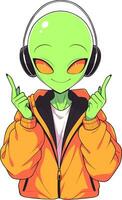 gelukkig groen buitenaards wezen vervelend een jasje en luisteren naar muziek- met hoofdtelefoons vector