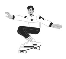 80s skateboarder tiener- jongen zwart en wit tekenfilm vlak illustratie. Indisch mannetje schaatser rijden gehurkt 2d lijn kunst karakter geïsoleerd. Jaren 80 recreatie monochroom tafereel vector schets beeld
