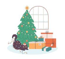 schattig kat in de kerstman hoed spelen met slinger in de buurt Kerstmis boom met presenteert. vrolijk Kerstmis groet kaart vector