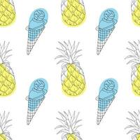 ijs room en ananas patroon met contour hand- tekeningen Aan wit achtergrond met blauw en geel vlekken. zomer naadloos patroon. vector