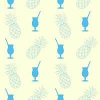 patroon met blauw cocktail en contour hand- getrokken ananas, pastel geel achtergrond. vector