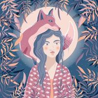 portret van een vrouw en een vos op haar schouder. nachtscène met maan en sterren. wild dier en meisje in de natuur. kleurrijke hand getekende vectorillustratie. vector