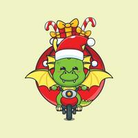 schattig draak draag- Kerstmis geschenk met motorfiets. schattig Kerstmis tekenfilm karakter illustratie. vector
