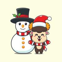 schattig RAM schapen spelen met sneeuwman. schattig Kerstmis tekenfilm karakter illustratie. vector