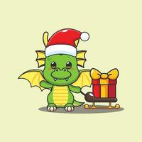 schattig draak draag- Kerstmis geschenk doos. schattig Kerstmis tekenfilm karakter illustratie. vector