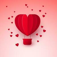 valentijnsdag dag met papier besnoeiing rood hart vorm lucht ballon. ballon vliegt en bladeren een spoor met harten. vector illustratie