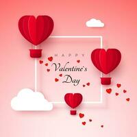 valentijnsdag dag groet kaart met papier besnoeiing rood hart vorm ballonnen vliegen. ballonnen vliegt en bladeren een spoor met harten decoraties. gelukkig Valentijn dag spandoek. vector illustratie