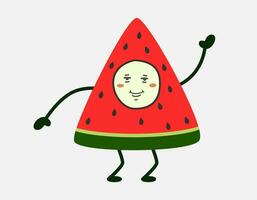 schattig raar watermeloen plakjes. grappig karakter van fruit met wit gezicht. watermeloen dat partijen en dansen. vector