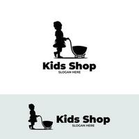 silhouet van kinderen met boodschappen doen trolley logo ontwerp sjabloon vector