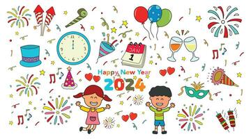 kinderen tekening vector illustratie reeks van gelukkig nieuw jaar 2024 in een tekenfilm stijl geïsoleerd Aan wit achtergrond