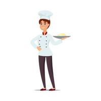 jong gelukkig brunette chef in uniform houdt een gerecht. vector illustratie ontwerp.