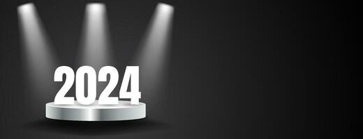 wit 2024 tekst Aan 3d podium met licht, ruimte voor tekst en zwart achtergrond vector