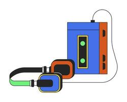 portable cassette plakband speler met hoofdtelefoons 2d lineair tekenfilm voorwerp. wijnoogst 80s audio opnemer geïsoleerd lijn vector element wit achtergrond. muziek- oubollig kleur vlak plek illustratie