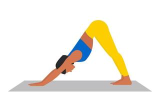 een jong mooi vrouw in sportkleding is aan het doen yoga Aan een mat in de neerwaartse geconfronteerd hond asana. nemen zorg van uw fysiek Gezondheid. adho mukha svanasana. vector. vector