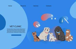 veterinair kliniek website banier sjabloon met honden en katten tekenfilm karakters, vlak vector illustratie. dierenarts dokter dieren Gezondheid zorg Diensten reclame webpagina mockup met grappig huisdieren.