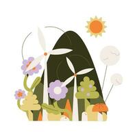 schattig hand- getrokken vector illustratie van een Woud met windmolens en bloemen