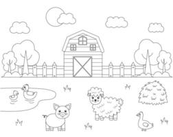 kleur boerderij landschap met schattig dieren. leerzaam kleur bladzijde voor kinderen. vector