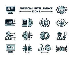 een reeks van lineair pictogrammen met vullen Aan de thema van kunstmatig intelligentie, veiligheid, en technologie. vector