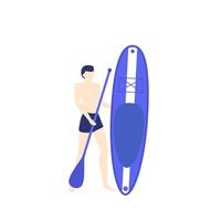 man met sup board en paddle, vector