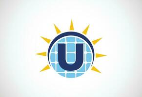 Engels alfabet u met zonne- paneel en zon teken. zon zonne- energie logo vector illustratie