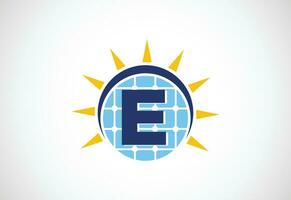 Engels alfabet e met zonne- paneel en zon teken. zon zonne- energie logo vector illustratie