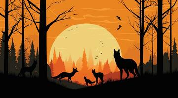 een groep van wolven silhouet verzamelt in een Woud Bij schemering vector