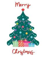 vrolijk Kerstmis groet kaart met Kerstmis boom en handschrift. hand- getrokken belettering. vector illustratie