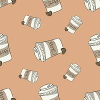 naadloos patroon met meenemen papier koffie cups Aan bruin achtergrond. voor omhulsel papier, behang, textiel vector