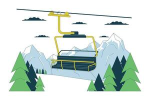 ski optillen stoel in Woud bergen lijn tekenfilm vlak illustratie. stoeltjeslift Bij ski toevlucht 2d lijn kunst landschap geïsoleerd Aan wit achtergrond. lift kabelbaan bos- tafereel vector kleur beeld