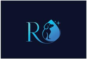 brief r logo met hond en water laten vallen vector