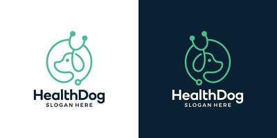 huisdier zorg concept logo ontwerp sjabloon. hond logo met stethoscoop met lijn stijl ontwerp grafisch vector illustratie. symbool, icoon, creatief.