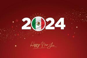 kleurrijk gelukkig nieuw jaar festival ontwerp banier, nieuw jaar 2024 logo met Mexicaans vlag Aan rood-kastanjebruin confetti en ster achtergrond, kalender 2024, sociaal media nieuw jaar banier, post kaart, groeten vector