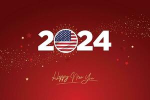 kleurrijk gelukkig nieuw jaar festival ontwerp banier, nieuw jaar 2024 logo met Amerikaans vlag Aan rood-kastanjebruin confetti en ster achtergrond, kalender 2024, sociaal media nieuw jaar banier, post kaart, groeten vector