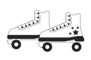 oud fashioned rol skates zwart en wit 2d lijn tekenfilm voorwerp. wijnoogst rolschaatsen geïsoleerd vector schets item. zomertijd vrije tijd werkzaamheid uitrusting monochromatisch vlak plek illustratie