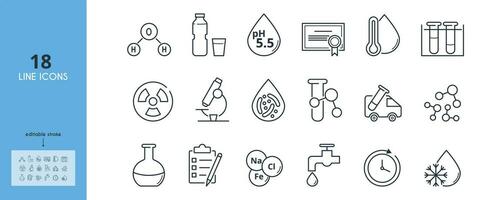 water kwaliteit testen laboratorium lijn pictogrammen set. molecuul, bevriezing punt, bacterieel, zwaar metalen, vervuiling, zuivering, certificering, nakoming vector illustratie