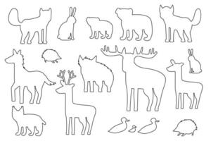 set van zwart wit silhouet bos dieren. tekenfilm geïsoleerde vector vos, wolf, beer, berenwelp, eland, hert, damhert, egel, haas, eend, eendje, lynx, paard, wild zwijn