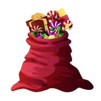 de kerstman claus zak met geschenk dozen, snoepgoed en snoepjes. vector illustratie geïsoleerd Aan wit achtergrond.