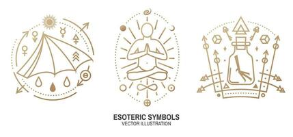 esoterisch symbolen. dun lijn meetkundig kenteken. schets icoon voor alchimie, heilig geometrie. mysticus, magie ontwerp met Mens silhouet zittend in yoga lotus houding, knuppel vleugel, chemie fles vector