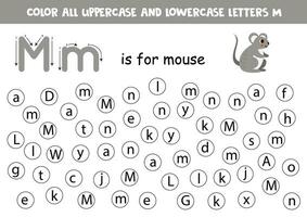 vind en punt allemaal brieven m. leerzaam werkblad voor aan het leren alfabet. schattig grijs muis. vector